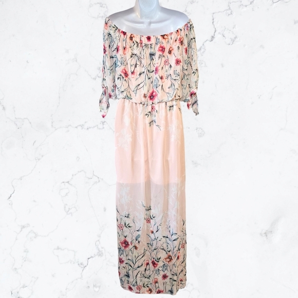 City Studio Pink Floral Off the Shoulder Chiffon Maxi Dress - Picture 6 of 7